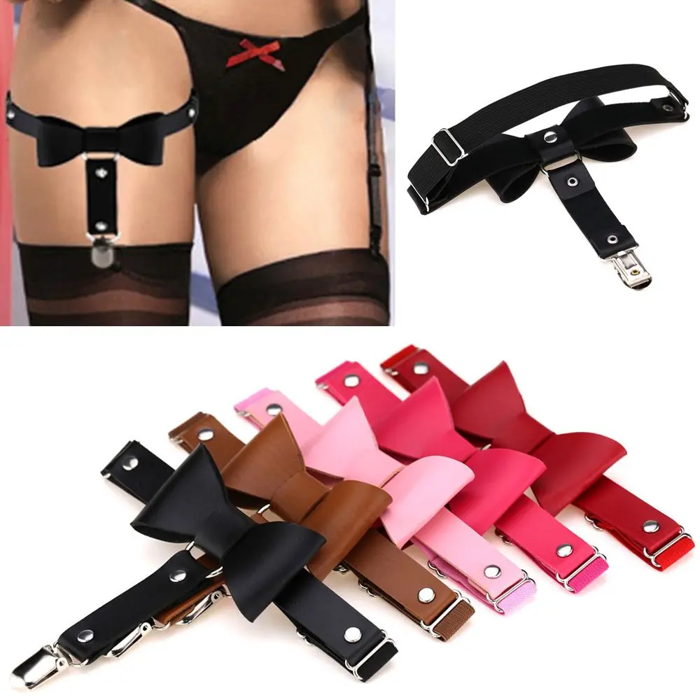 

2019 Sexy Punk Gothic Leather Suspenders Socks Belt Leg Ring Thigh Stockings Elastic Bow Knot Garter Belt