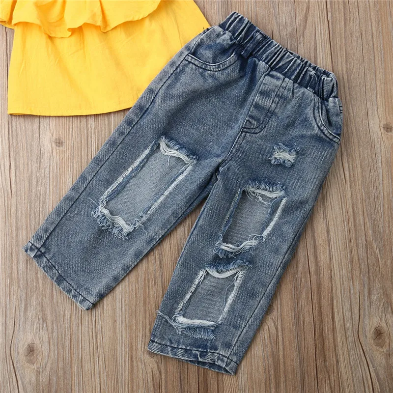 Модная детская одежда для маленьких девочек топы с открытыми плечами и оборками, рваные джинсовые штаны повязка на голову, комплекты из 3 предметов для девочек От 1 до 6 лет