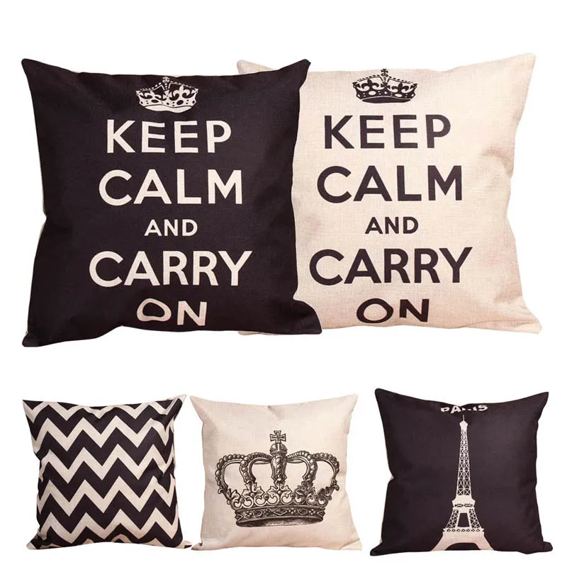 

Keep Calm Font Crown Wave Patterns Throw Pillow Cover Decorative Massager Pillows Linen Zip DIY Home Decor Gift"18X18''