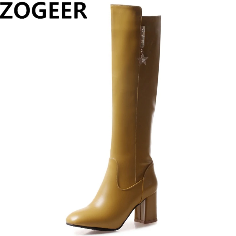 

Brand Women Knee High Boots Casual Square High Heels Motorcycle Boots New Autumn Black Pink Green Winter Long Shoes Woman
