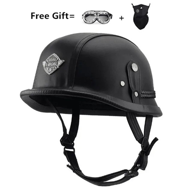 Motorcycle Helmet German Leather Style Pilot Motorcycle Open Face Retro Half Helmet Cruise Chopper Biker Pilot DOT S black leather