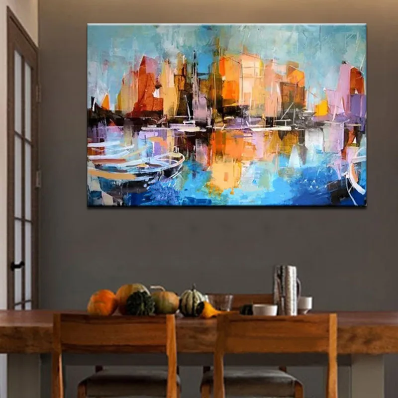 

Knife Handpainted Abstract Oil Paintings on Canvas Home Decor Wall Art Pictures Large Colorful City Building Landscape Painting