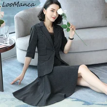 Профессиональный женщины юбка костюм Лето Весна Половина рукава Полосатый блейзер с юбкой офисные женские большие размеры Рабочая одежда