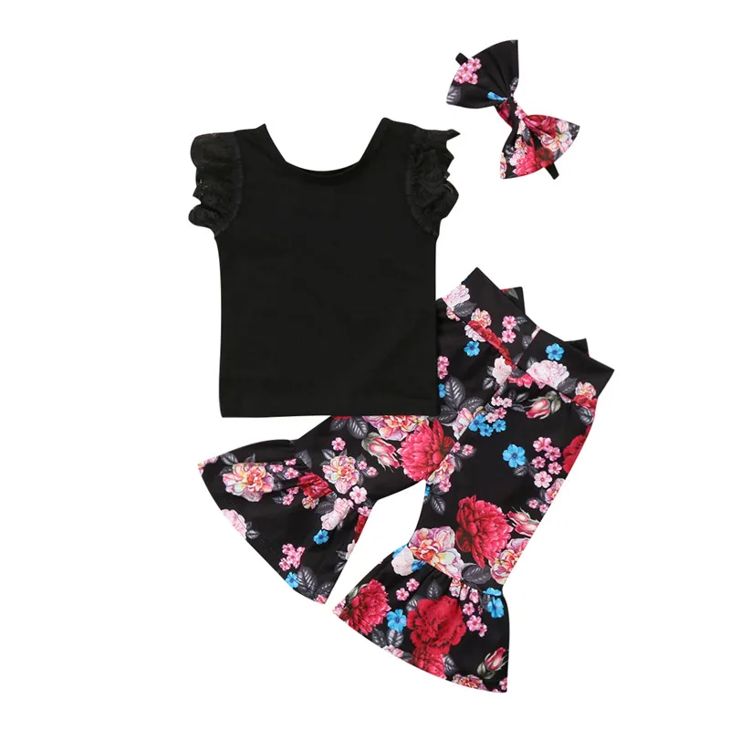 

Fashion Children Girls Clothing Baby Girl Short Sleeve Lace Top+Floral Bow Flare Pants 2018 New Bebes Hot Baby Girls Clothes Set
