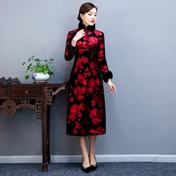 Зимняя длинная куртка винтажное китайское платье ченсам стиль воротник-стойка 2019 женские Qipao пальто Тонкий платья Vestido M-4XL