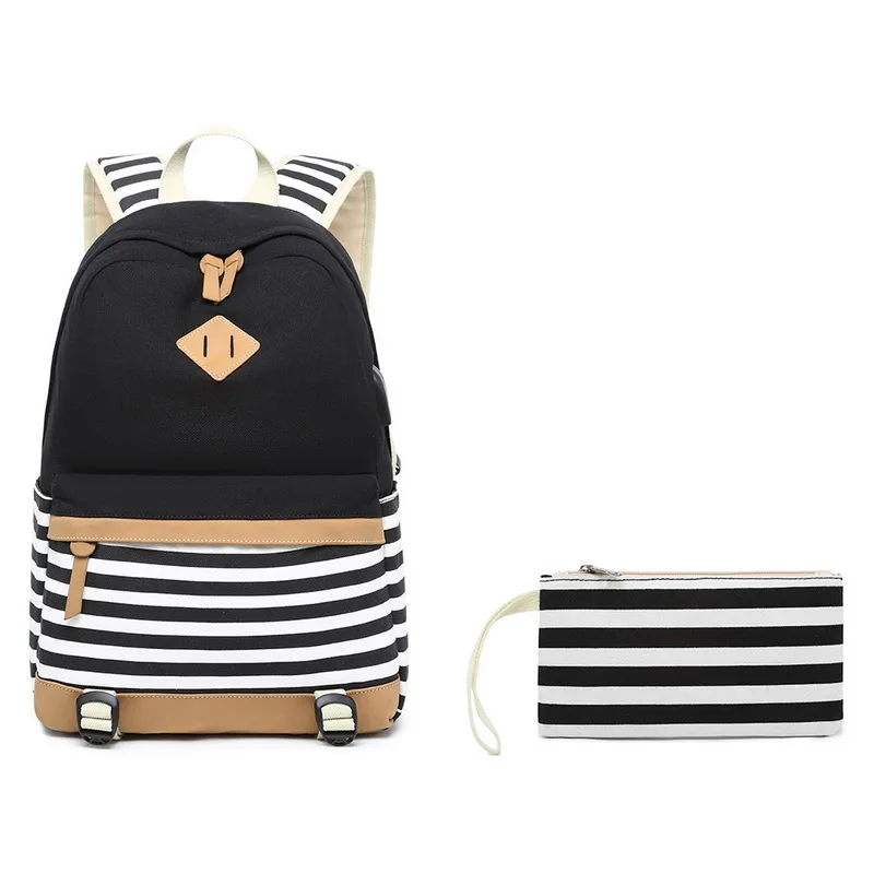 

NIBESSER Women's Headphones Canvas Backpack With USB Navy Striped Backpacks For Women Bags Laptop Bag Outdoor Backpack Women