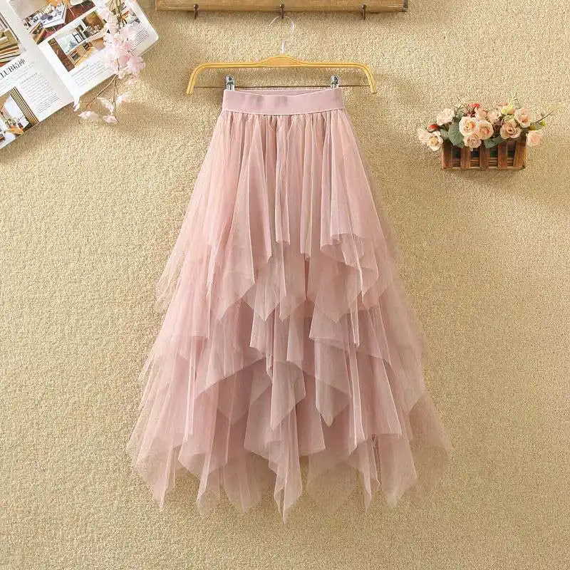 

Women Cute Elastic Slim High Waist Irregular Tulle Mini Skirt Pleated Solid Chiffon Summer Casual Bandage Pleated White Skirt