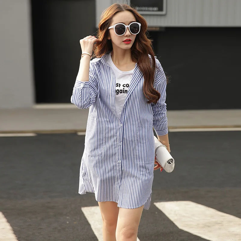 2017 New Spring Women Shirts Full Sleeve Striped In Long Small Cotton Base Blouse Shirt Light