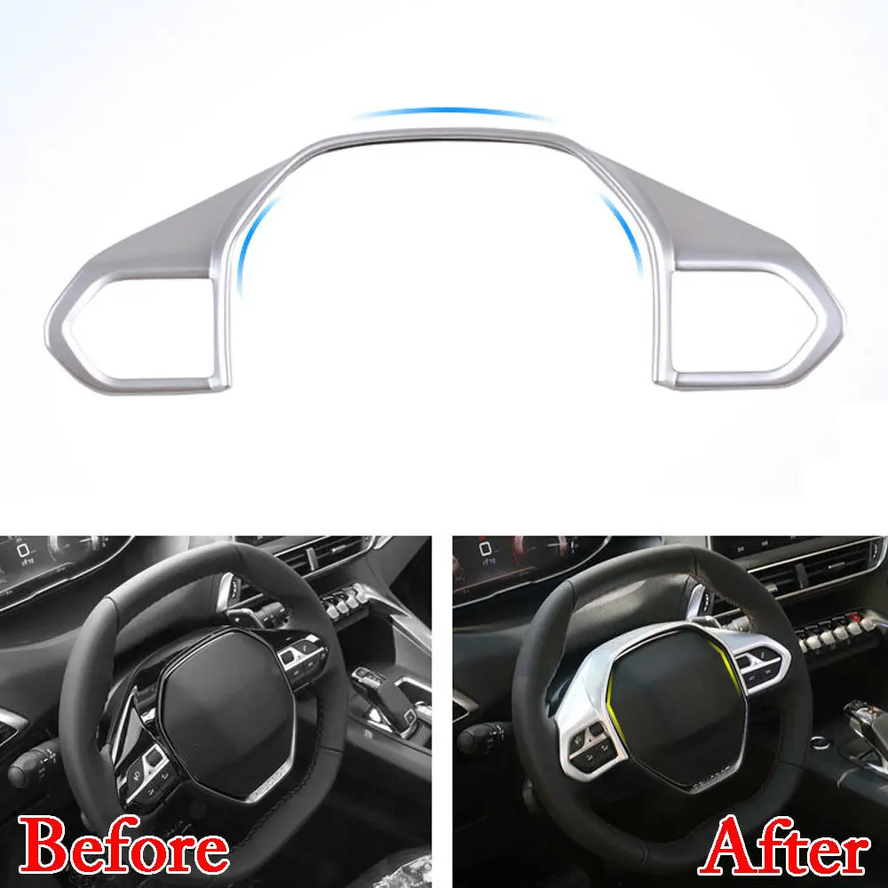 Cromo mate ABS coche Interior de la cubierta de la rueda del volante del ajuste para Peugeot 3008 GT 5008, 2017-2018, Interior del coche piezas Cromo mate ABS coche Interior de la cubierta de la rueda del volante del ajuste para Peugeot 3008 GT 5008, 2017-2018, Interior del coche piezas