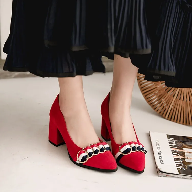 

Big Size 11 12 13 14 15 16 17 ladies high heels women shoes woman pumps Suede shallow thick heel square and metal buckle