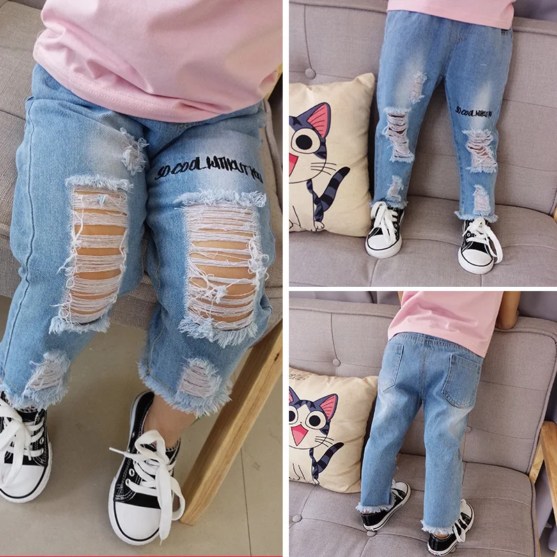 

Kids Girls Jeans Ripped Trousers Light Color Letters Baby Ankle-Length Broken Holes Pants Denim Elastic Waist Children Clothing