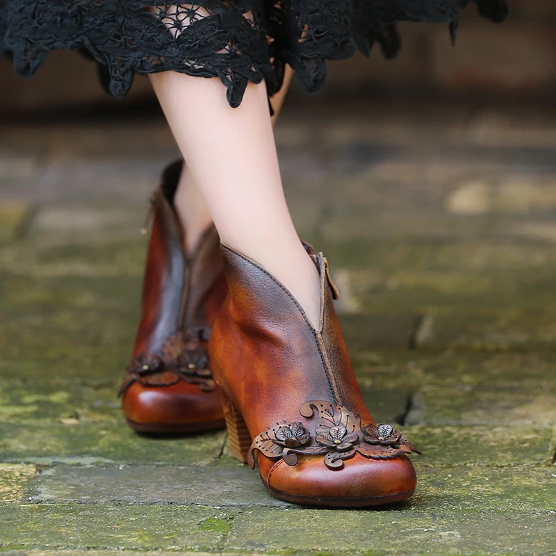 

Women 6 CM High Heels Boots Genuine Leather Ankle Boots Embroidery Retro Winter Shoes 2018 Handmade Women Leather Martin Boots