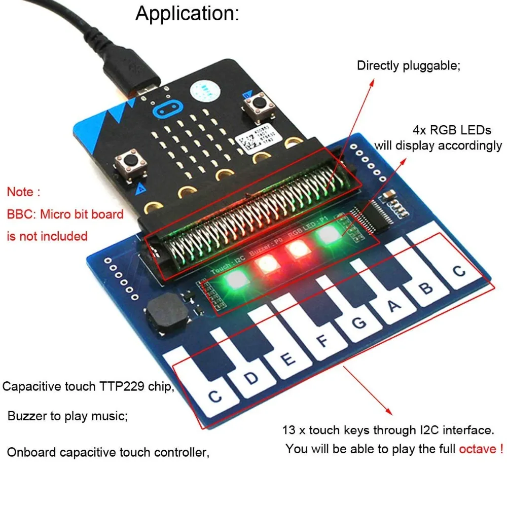 3,3 в мини-фортепианный модуль для BCC micro: бит microbit сенсорные клавиши для воспроизведения музыки, емкостный сенсорный контроллер TTP229, с 4 светодиодами RGB