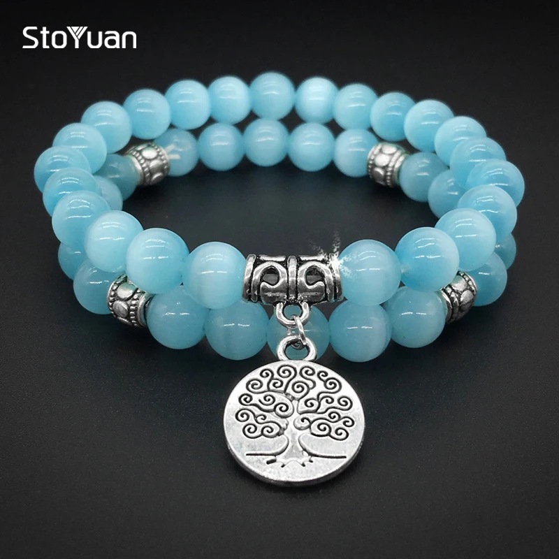 

2019 New Tree of Life jewelry Yoga Mala Bracelet Blue Cateye Stone Healing Protection Elastic Beaded Bracelet Spiritual jewelry