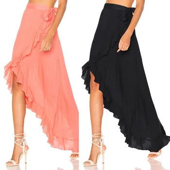 

IASKY Solid Colors Maxi Skirt Wrapped Beach Skirt Women Summer High Waist Asymmetrical Split Bohemian Long Skirt Free Size