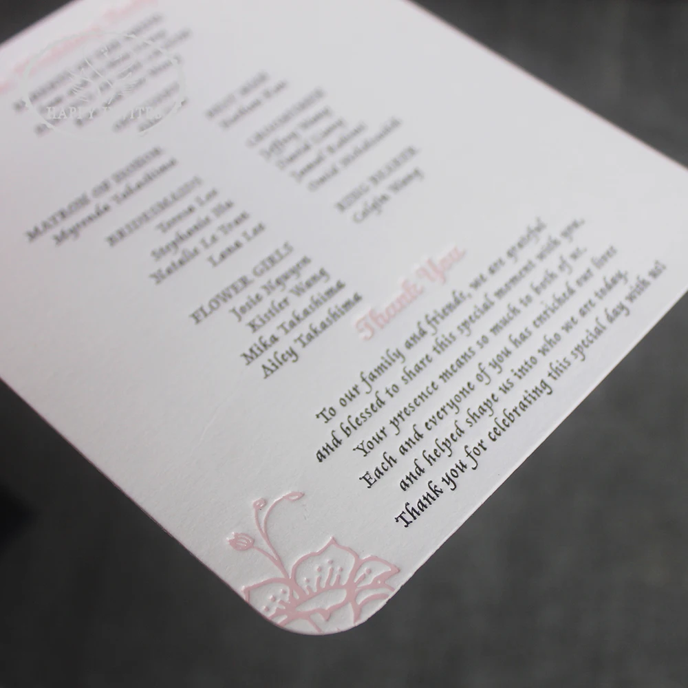 HI9035-11 Custom Elegant White Wedding Program Fan with Black & Pink Foil Letterpress Made in China