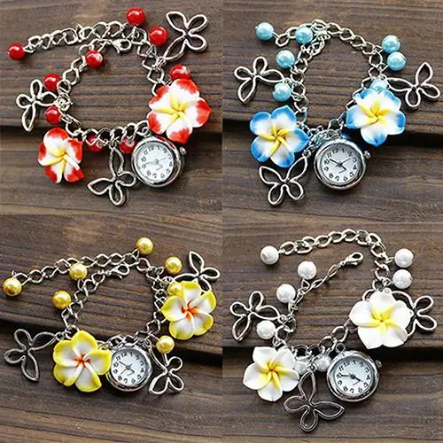 

Women's Girl's Charm Flowers Beads Bracelet Watch Leather Band Stainless Steel Watch New Design 5DBK 6YLK