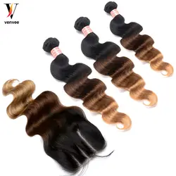 3 Ombre бразильский волос Weave Связки с закрытием объемная волна 1b/4/27 три тона 100 натуральные волосы Связки Реми Venvee