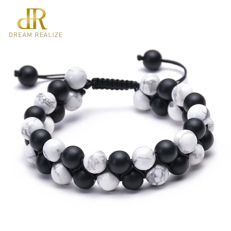 

DR White Howlite Braided Rope Bracelet for Men Adjustable Double Row Natural Stone Beaded Bracelet Distance Couples Bracelet