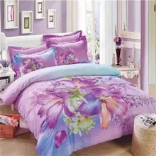 Light Purple Lily Flowers Bedding Set Queen Size Bed Sheets Duvet Cover Pillowcase 100% Cotton Floral Reactive Printed Fabric