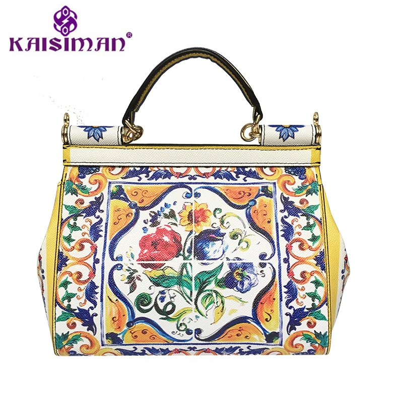 

Famous Designer Flower Print Painted Tote Shoulder Bag Female Sicilian Vintage Ethnic Style Handbag Genuine Leather Clutch Purse