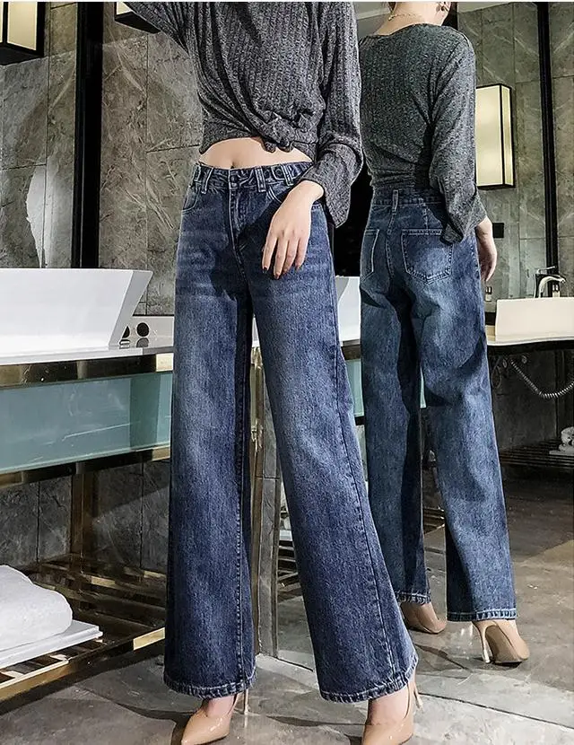 2019 женские весенние и осенние свободные прямые джинсовые брюки Широкие брюки Повседневное Высокая Талия Джинсы Брюки Размеры 26/32 женские