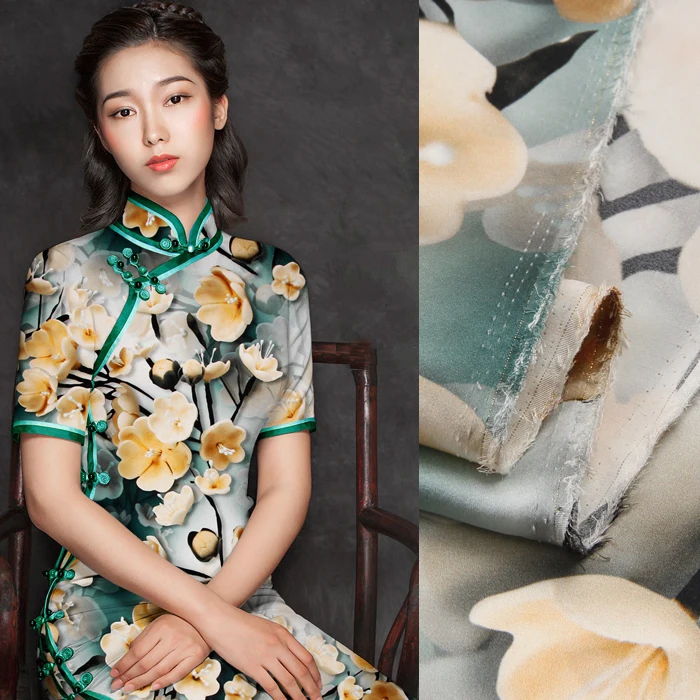 

118CM Wide 19MM 93% Silk & 7% Spandex Yellow Floral Print Stretch Silk Satin Fabric for Summer Dress Clothes Cheongsam D909