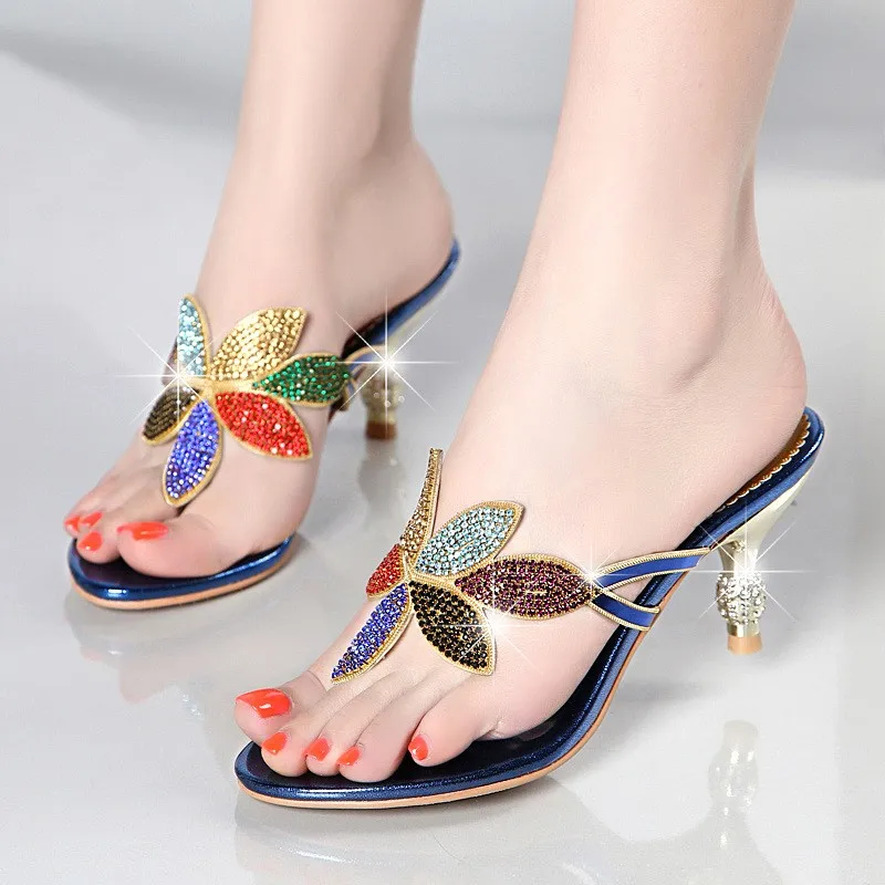 

Gold Blue Beach Shoes Women Rhinestone Sandals Designer Summer Female Slides Crystal Sandals Slippers High Heel Flip Flops C0017