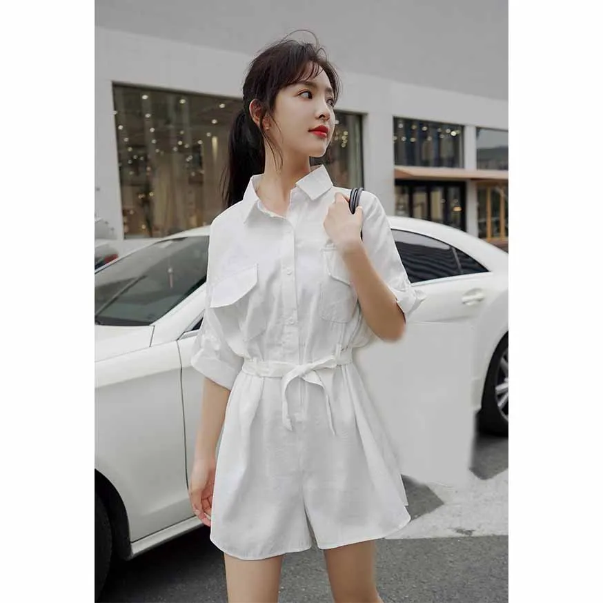 

2019 Summer Women Office Jumpsuits Single Breasted Pockets Loose Bodysuits New Sashes Drawstring Short Playsuits