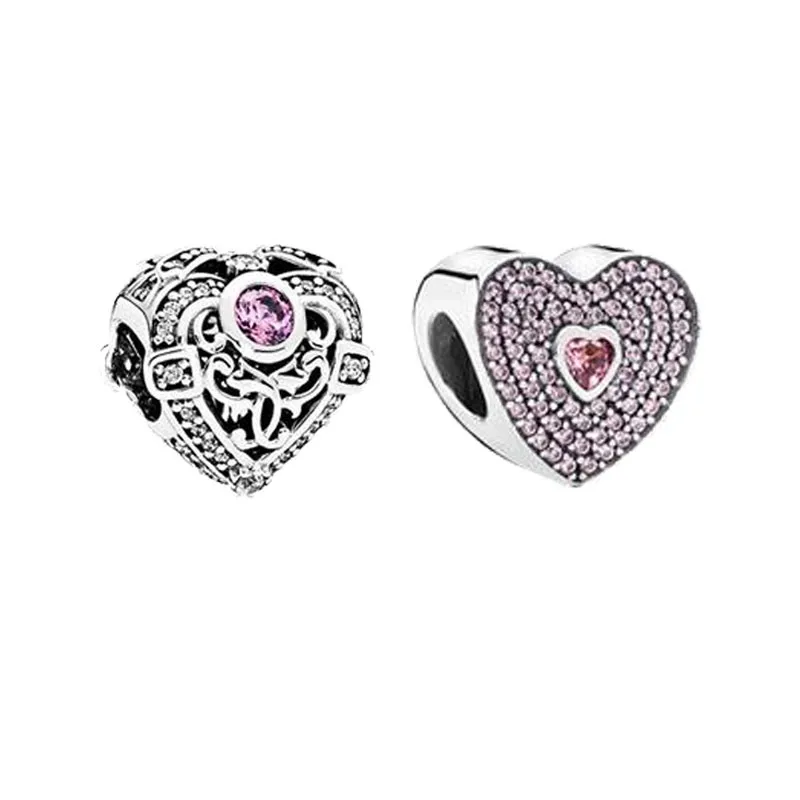 

2 Pcs Wholesale 100% 925 Sterling Silver Jewelry Hearts Paved Bead Fit Brand Original Charm Bracelet Necklace for Women DIY