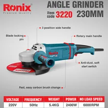 Ronix, новинка, 220 В, 230 мм, электрическая угловая шлифовальная машина, 2400 Вт, 6000 об/мин, Антивибрационная ручка с 4 м кабелем, поворотная ручка, инструменты, модель 3220