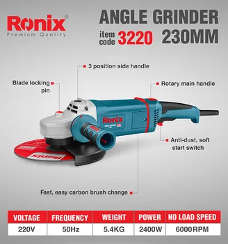 Ronix New 220v 230mm Electric Angle Grinder 2400w 6000rpm Anti
