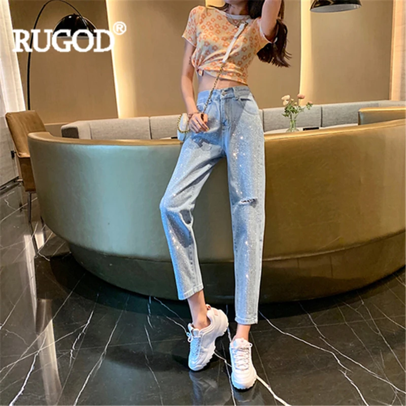 RUGOD Women blue denim pants hole diamond slim high wide leg pants new fashion female jeans femme ripped plus size glitter