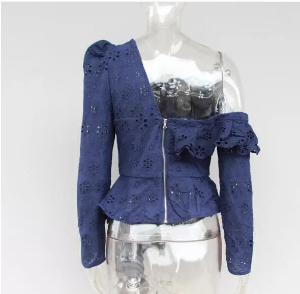 Elegant Casual flounced Dip Hem Top Crochet Irregular Hollow Out flower long sleeve Blouse