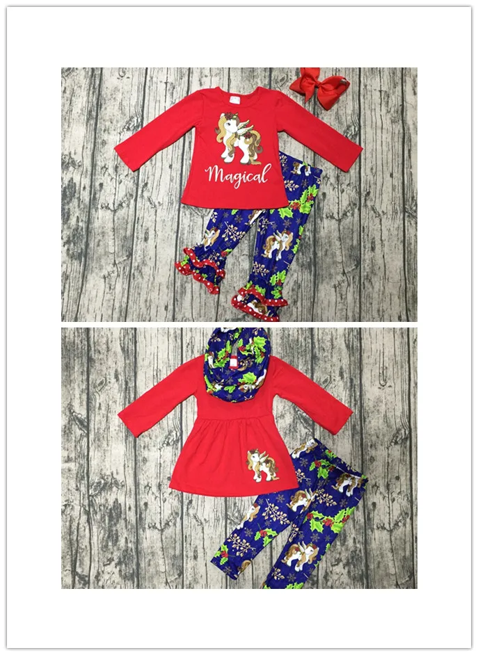 

baby girls winter Christmas OUTFITS with bows girls 3 pieces with scarf sets outfits Christmas unicorn clothing boutique outfit