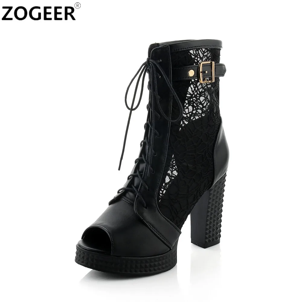 

ZOGEER Sexy Lace Summer Boots 2017 Woman Ankle Boots High Heel Peep Toe Fashion Cut-out Platform Black White Ladies Shoes