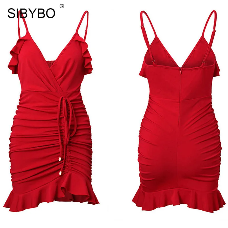 Женское вечернее платье мини с оборками Sibybo, праздничное платье на тонких бретельках с V-образным вырезом, c открытой спиной, в складку, пляжное платье, для ношения летом