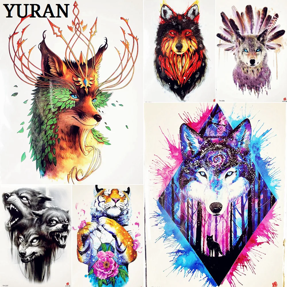 

25 Summer Style Waterproof Fake Flash Tattoo Blue Forest Wolf Fox King Temporary Tattoos Watercolor Women Men Arm Tatoo Sticker
