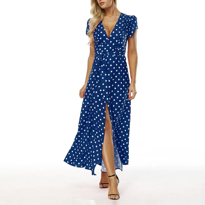 Богемное платье в горошек, женское летнее длинное пляжное платье, женское платье с высокой талией и разрезом, макси платье, сексуальные вечерние платья - Цвет: KK5170 blue