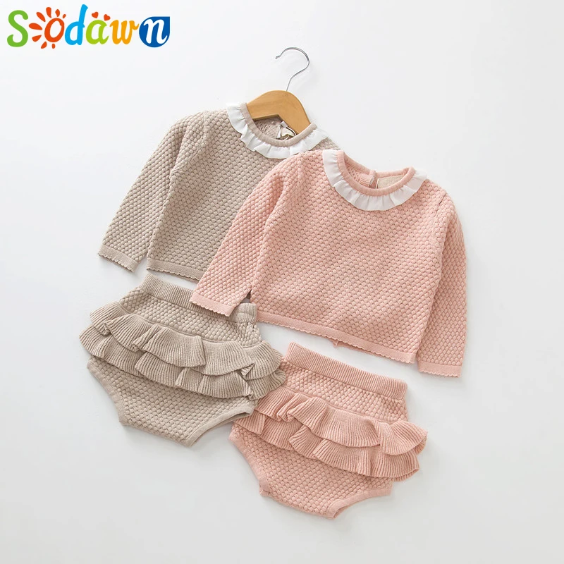 

Sodawn 2019 New Spring Autumn Fashion Baby Girls Clothes Long Sleeve Knit Sweater+Shorts Sets of Children Baby Clohting Knit Set