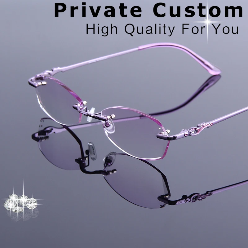 Women Rimless Prescription Glasses Reading Myopia Rhinestone Eyeglasses