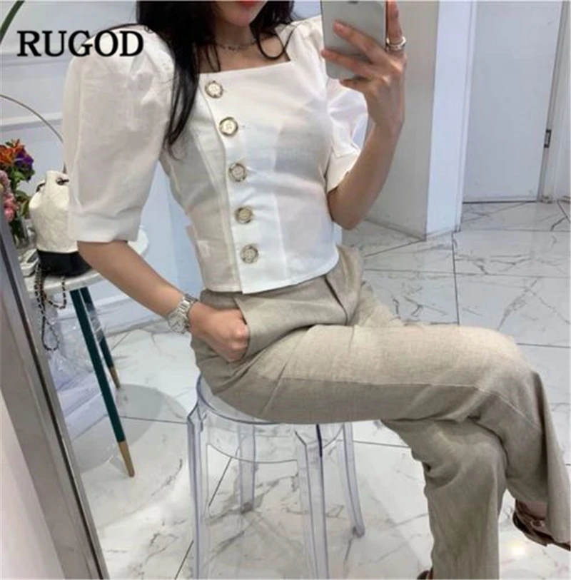 RUGOD New Arrival Women Solid Slim Shirt Square Collar Half Puff Sleeves Single-breasted Blouse Korean Temperament Tops