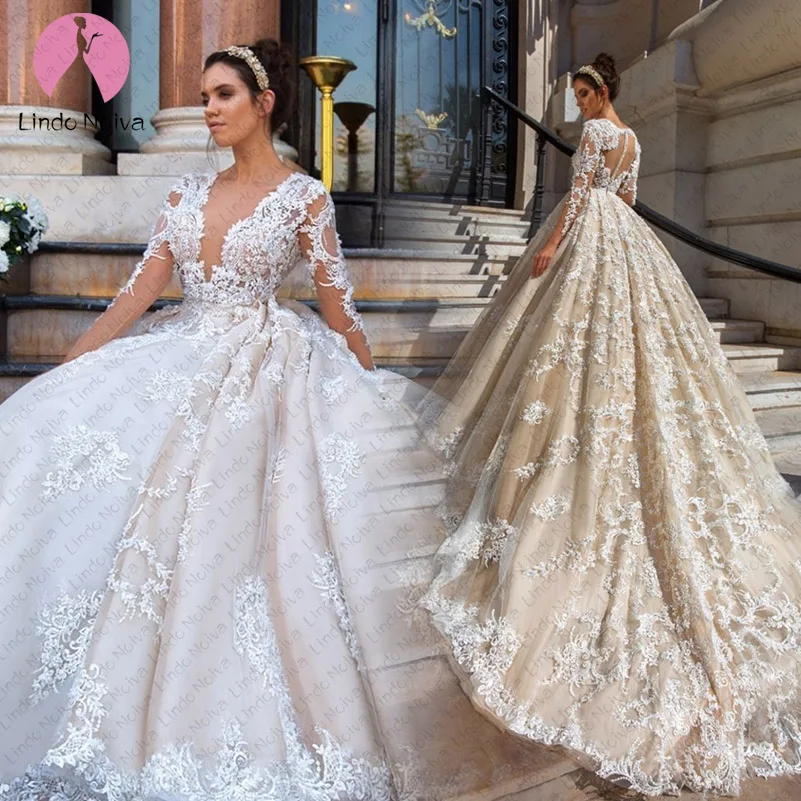 Женское свадебное платье с длинным рукавом Vestido De Noiva бальное глубоким v образным