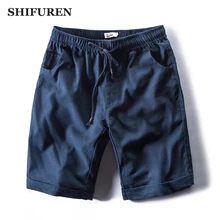SHIFUREN/Летние повседневные мужские шорты дышащии эластичные для талии льняные хлопковые пляжные шорты длиной до колена с кулиской; Размер M-3XL