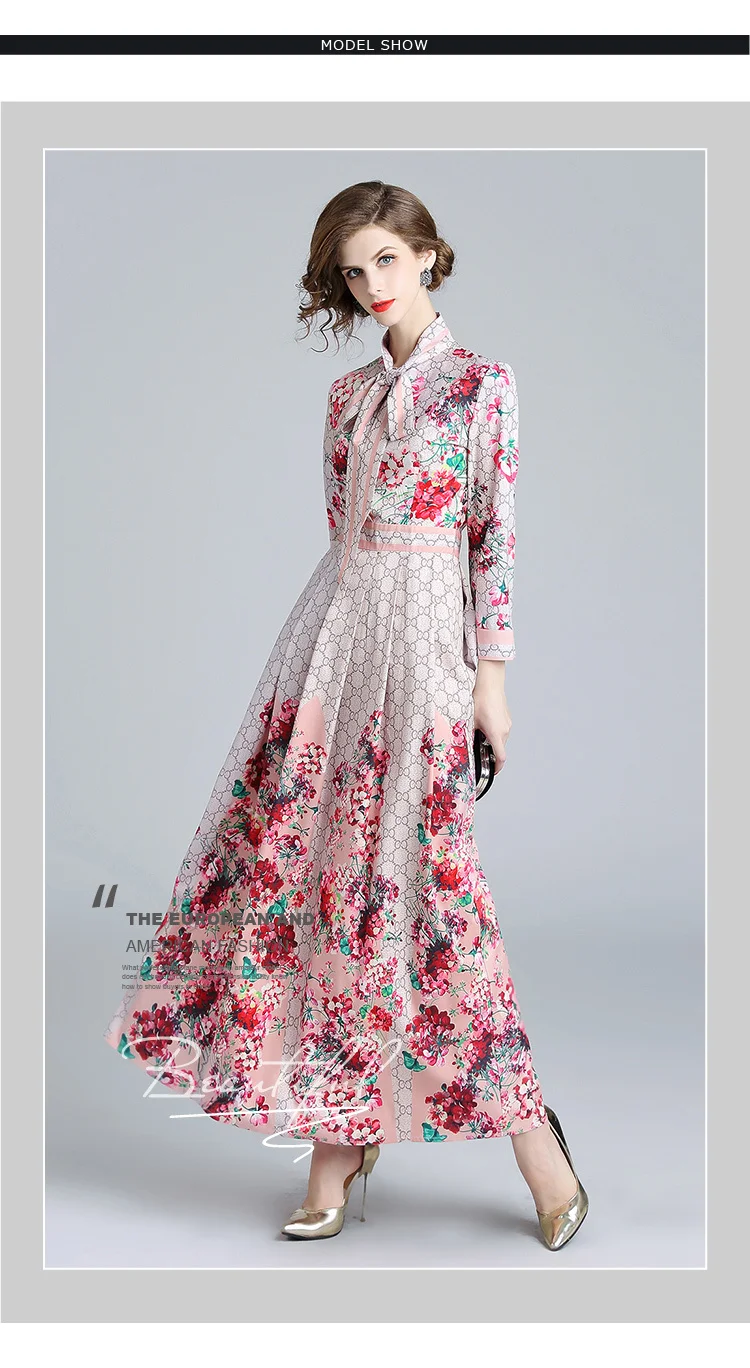 Осенняя Женская мода на шнуровке с буквенным принтом, цветочное Платье макси с длинным рукавом, элегантное качественное клетчатое платье в горошек