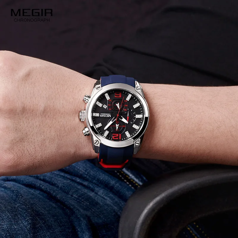 Megir Men's Chronograph Analog Quartz Watch with Date, Luminous Hands, Waterproof Silicone Rubber Strap Wristswatch for Man