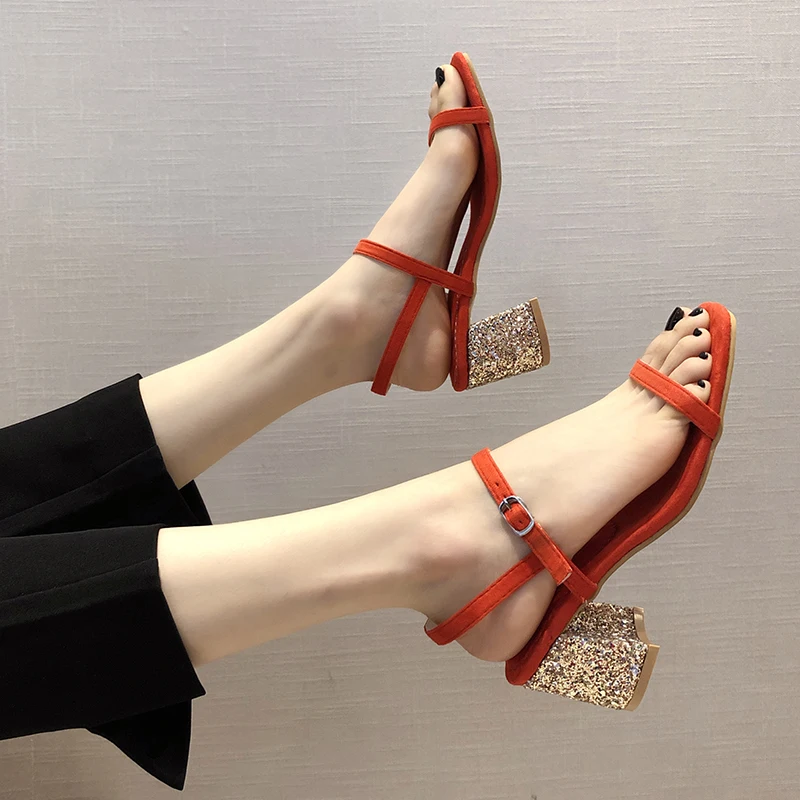 

Square heel shoes woman Dress Solid flat sandals fur heels Fashion Buckle platform all match Flock tacones sandalias Pure