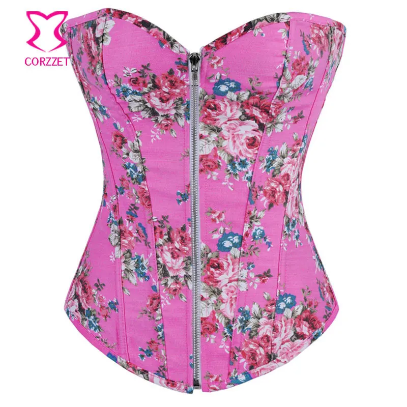 Pink Floral Pattern Zipper Denim Jeans Corset Tops Burlesque Sexy Corsets And Bustiers New 2015