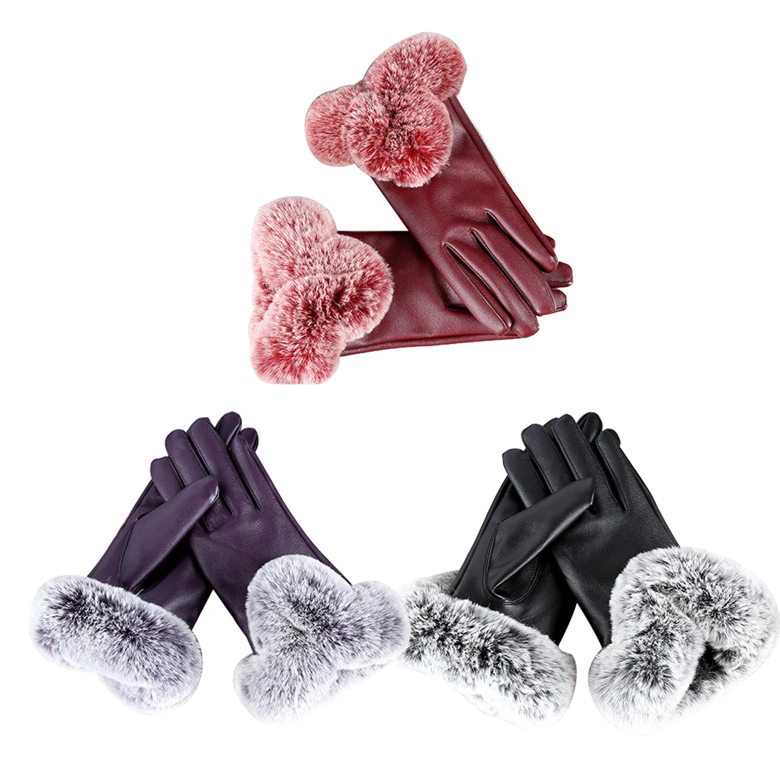 Hot 1 Pair Women Winter Warm Mitten Elegant Faux Rabbit Fur PU Leather