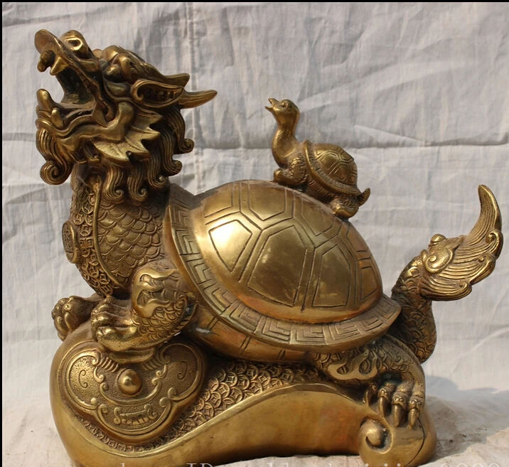 

JP S62 12" Folk Chinese Brass Longevity Shou Dragon Turtle Tortoise On RuYi Statue